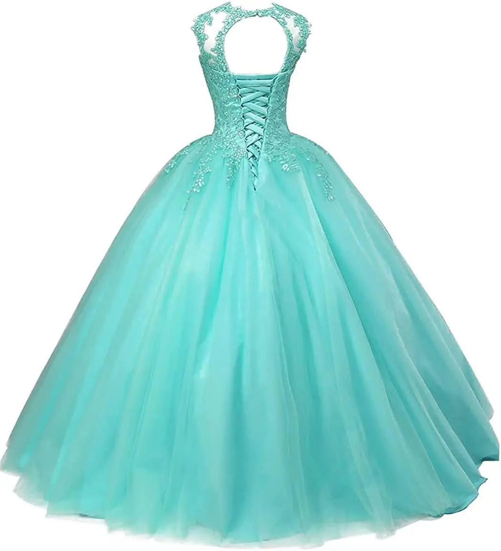 Women's Beaded Appliques Prom Dress Long Ball Gown Quinceanera Dresses Tulle Formal Sweet 16 Dress for Teens