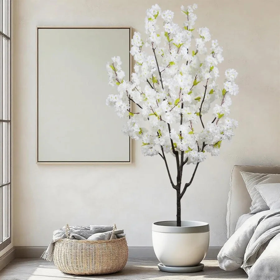 Indoor Cherry Blossoms Tree White Artificial Cherry Blossom Tree 6FT Faux Bedroom Trees for Home Decor Indoor Living Room Accen