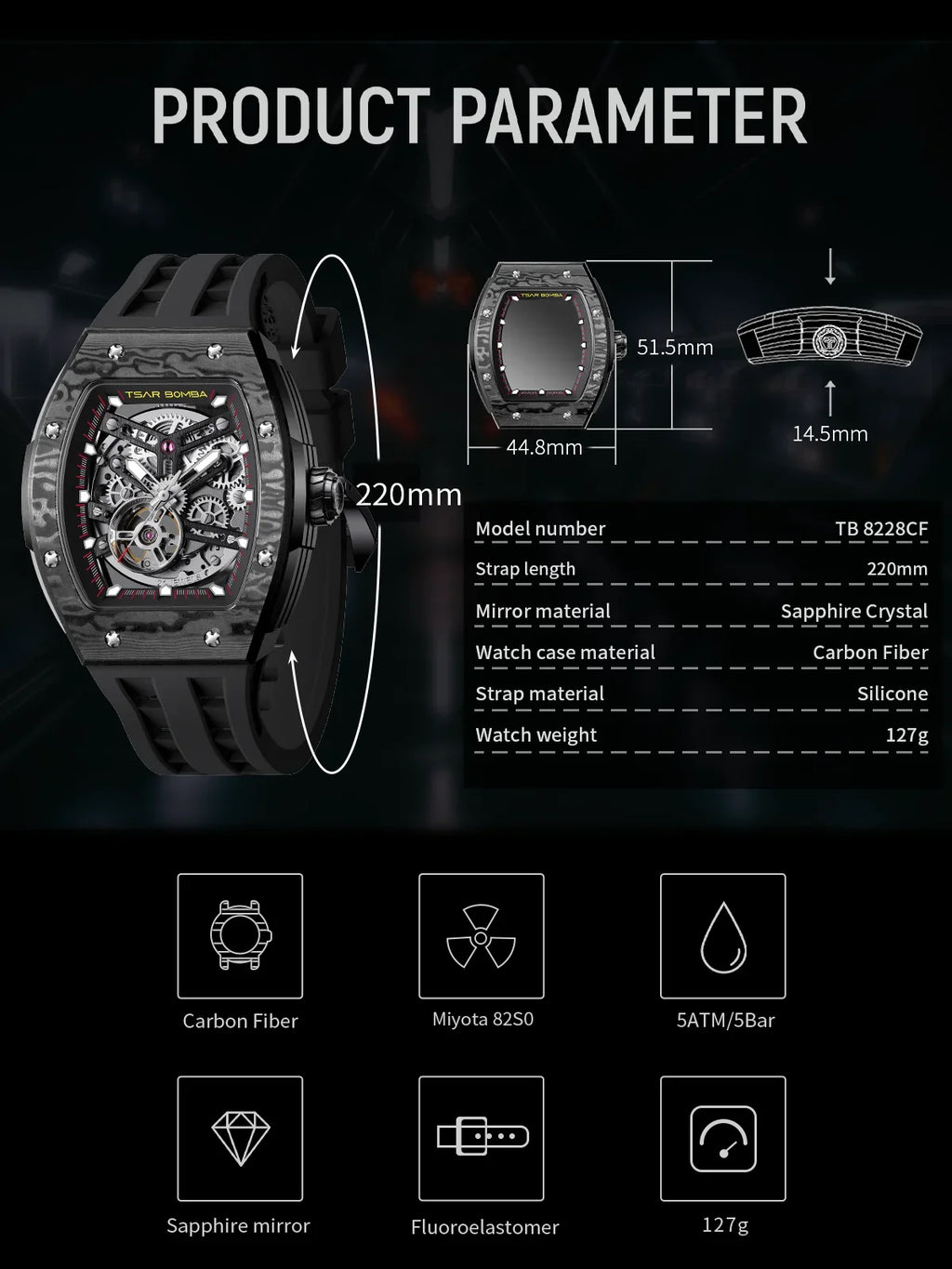 TSAR BOMBA Men Quartz Watch Stainless Steel 50M Waterproof Date Luminous Business Elegant Durable Wristwatch Gift for Him Daily