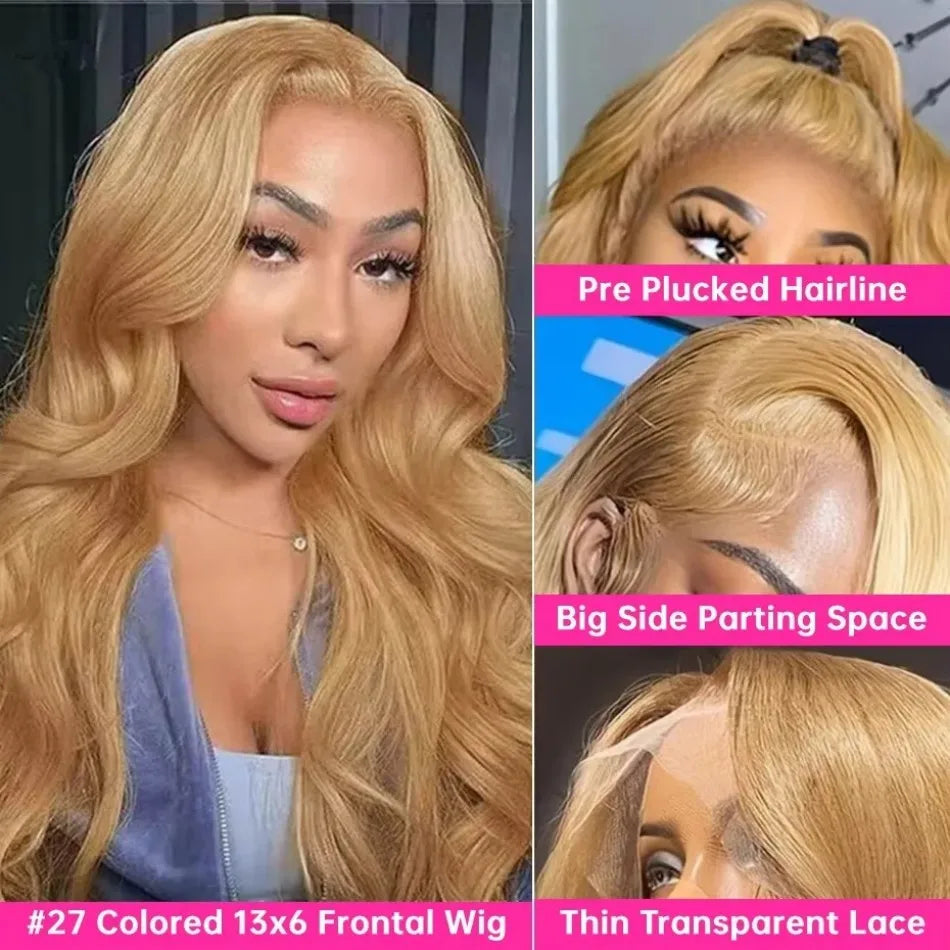 Honey Blonde 13X6 Hd Lace Frontal Wigs Body Wave Human Hair Wigs 250 Density Preplucked Brazilian Hair 27 Colored Lace Front Wig