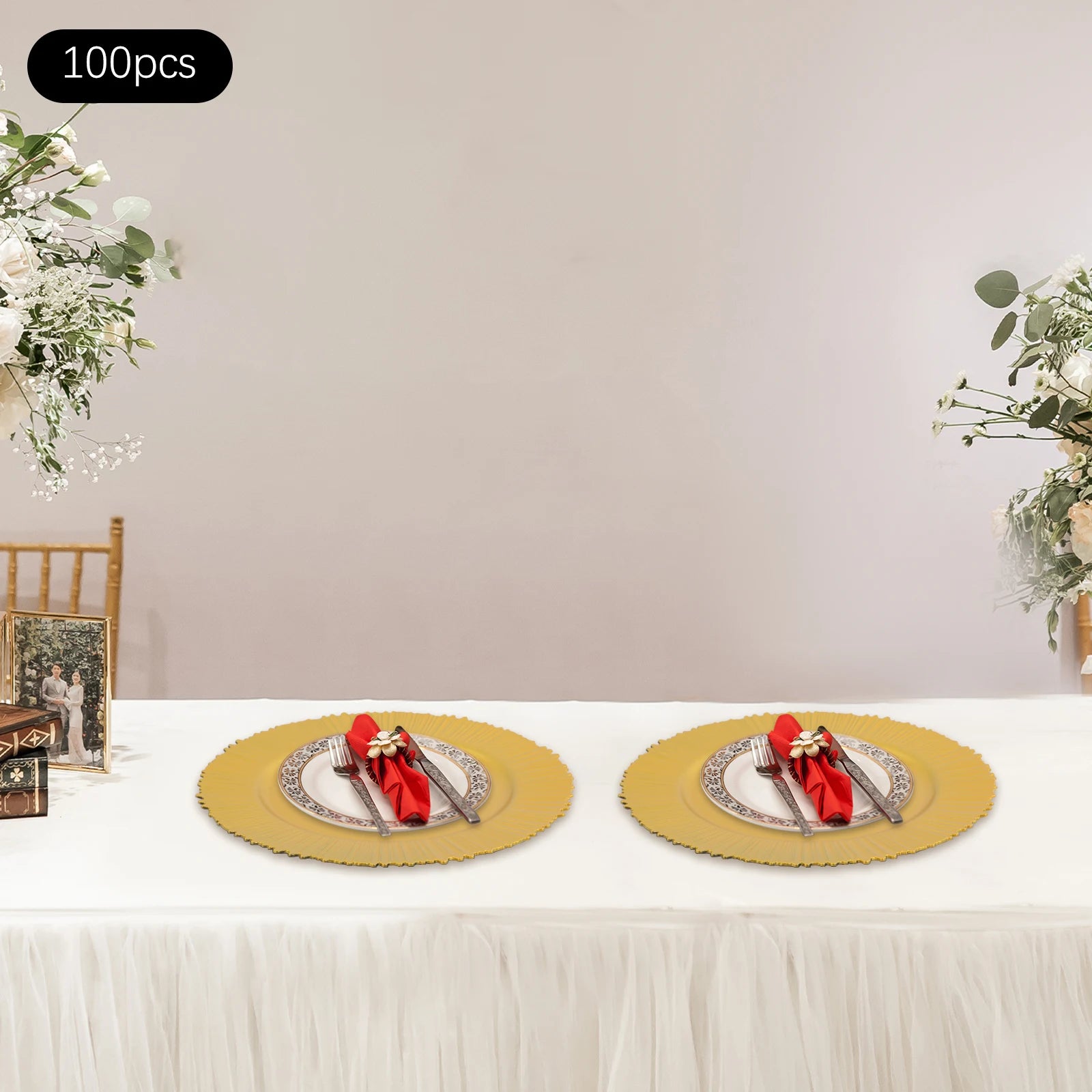 100Pcs PP Charger Plates Set,Gold Round Charger Plates Diameter 33cm for Wedding Party Baby Shower