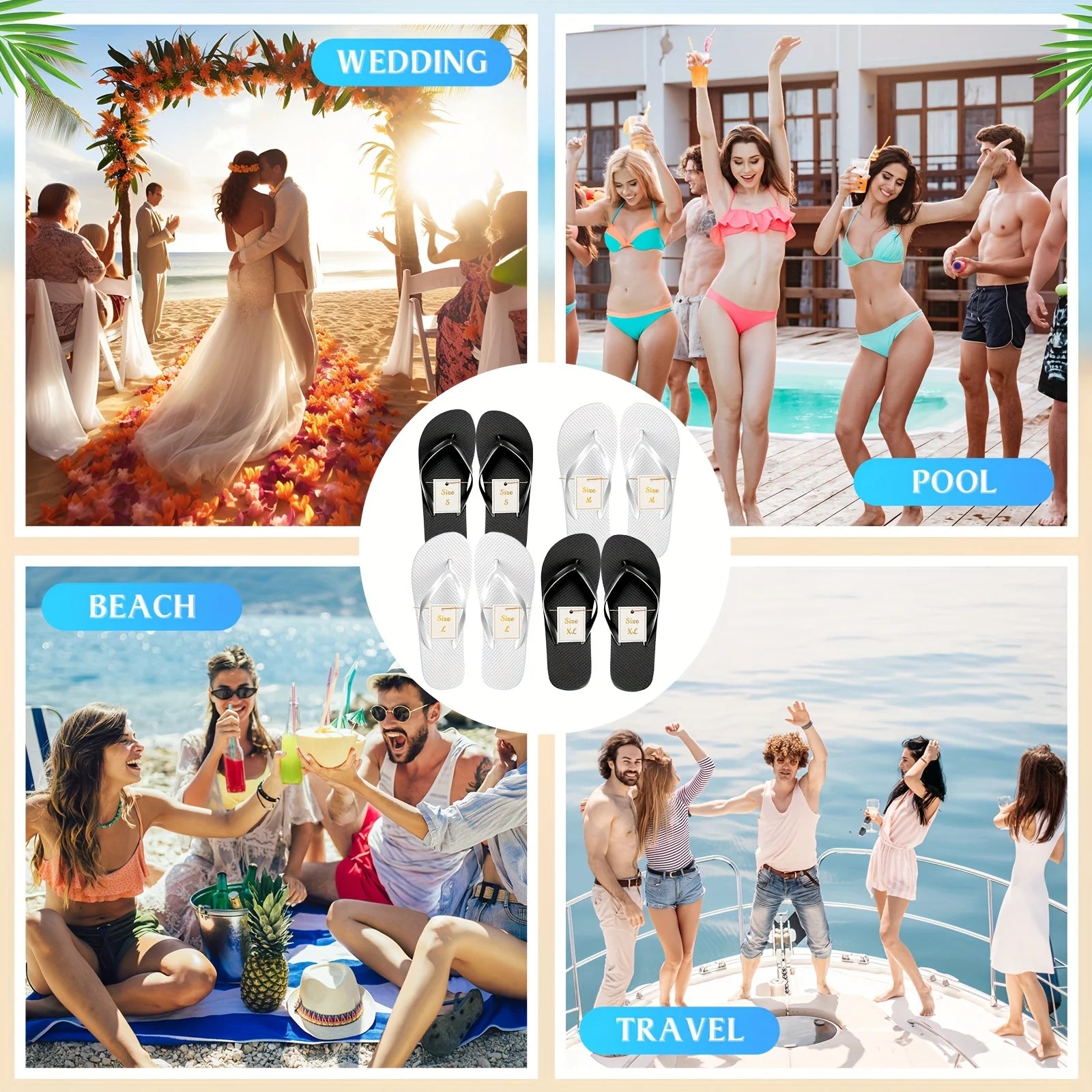 24 Pairs Bulk Wedding Guest Flip Flops with Matching Bags & Cards - Bulk PE Slippers for Pool Beach Party, White & Black Wedding