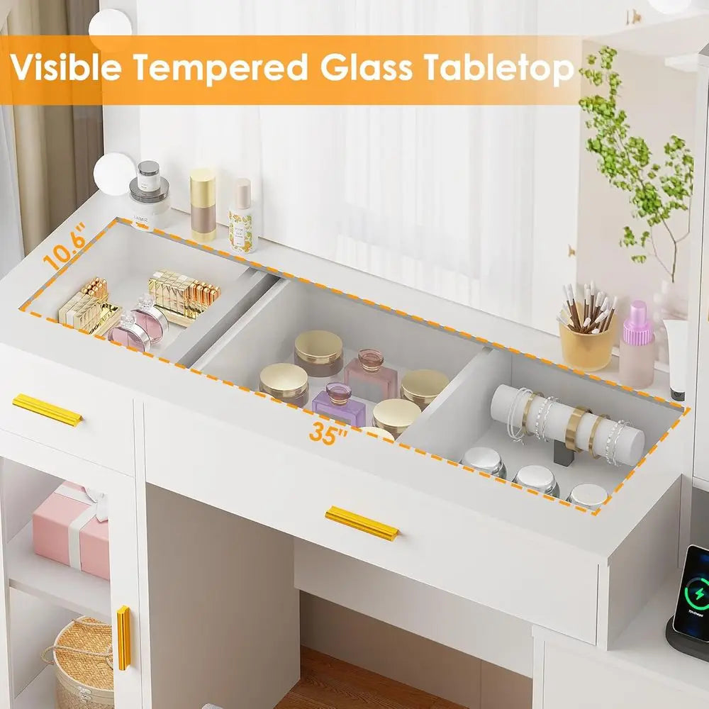 49.2 Large White Vanity Desk with Mirror, Lights, Glass Top, Stool, Makeup Desk with Power Outlet, 5 Drawers, Nightstand for Bed