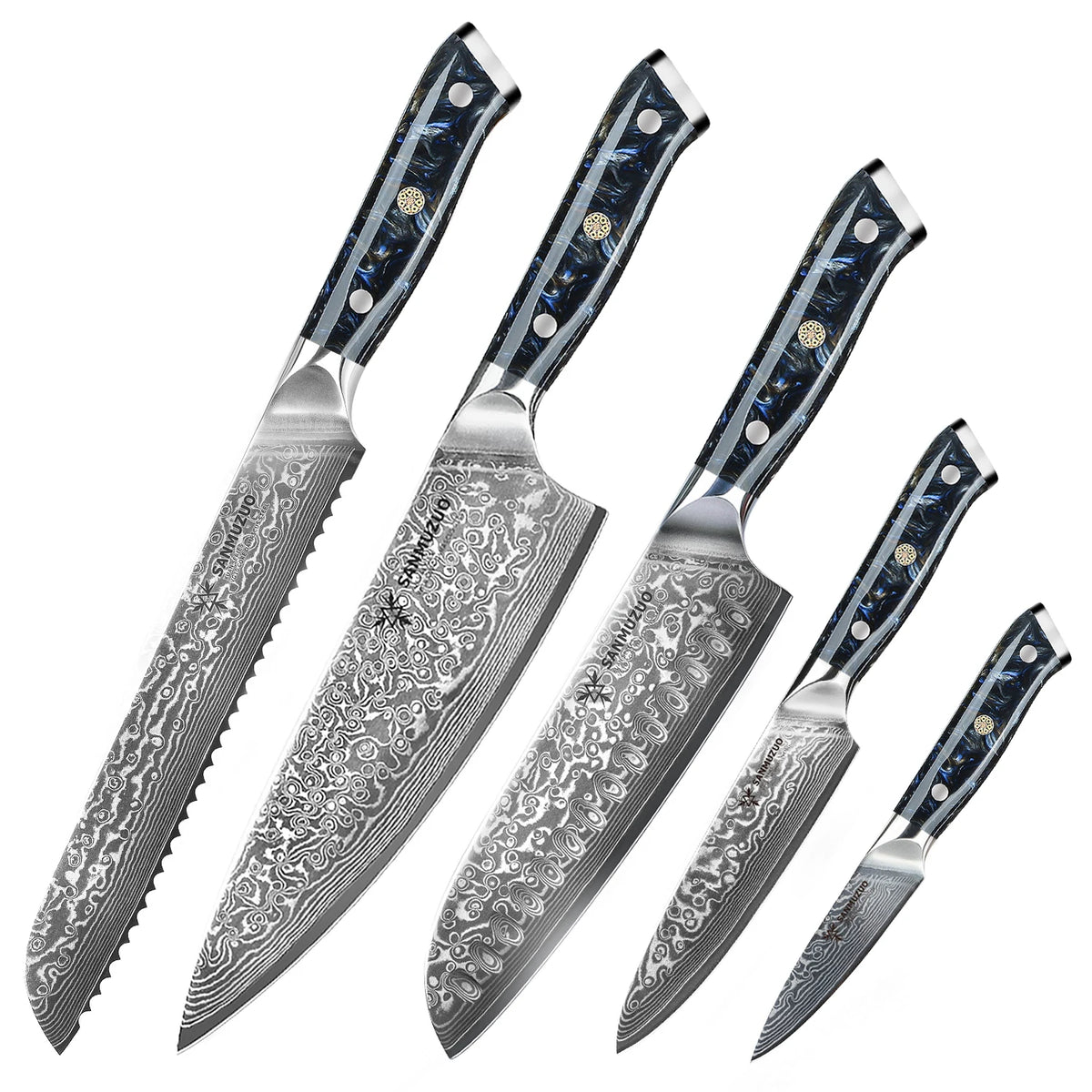 5PCS Kitchen Knife Set - Sharp Damascus Steel Knives with Resin Handle, Chef/Santoku/Bread/Paring/Utility Knife for Home Kitchen