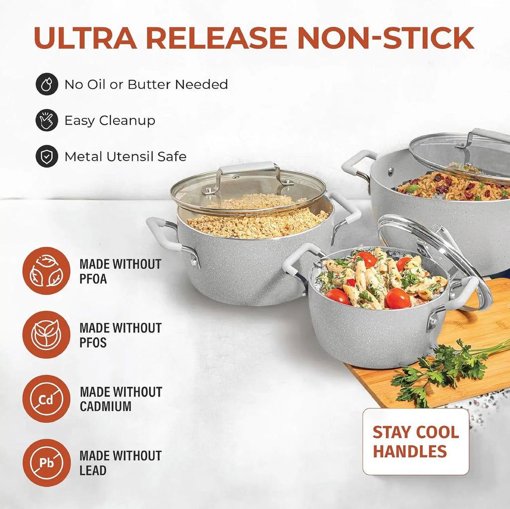 Nonstick Stackable Cooking Pots Set, 6-Piece Gray Granite Coating, Space-Saving Kitchen Cookware with Lids for Home Chefs