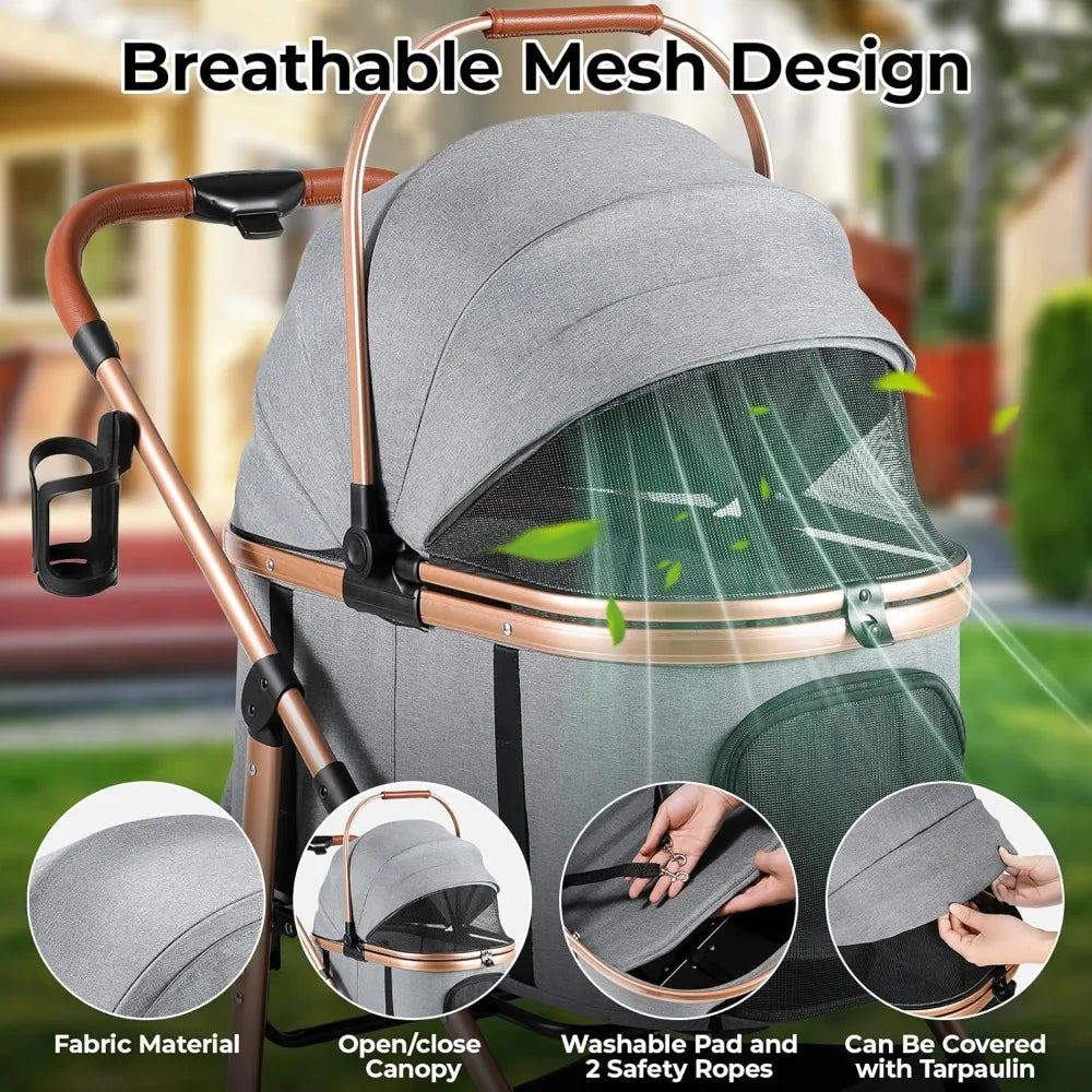 Pet Stroller for Medium Dogs Cats Up to 55 lbs, All-Terrain 3-in-1 with Detachable Carrier, Rubber Wheels, One-Click Folding