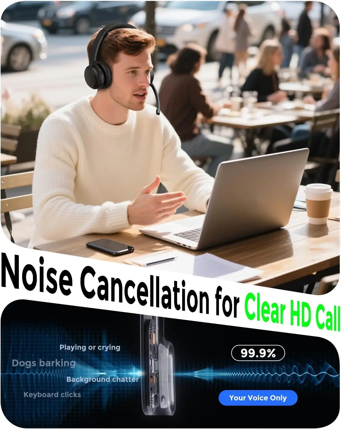 Wireless Noise Cancelling Headset with Mic, Bluetooth 5.4 & Qualcomm Adapter for Work Calls