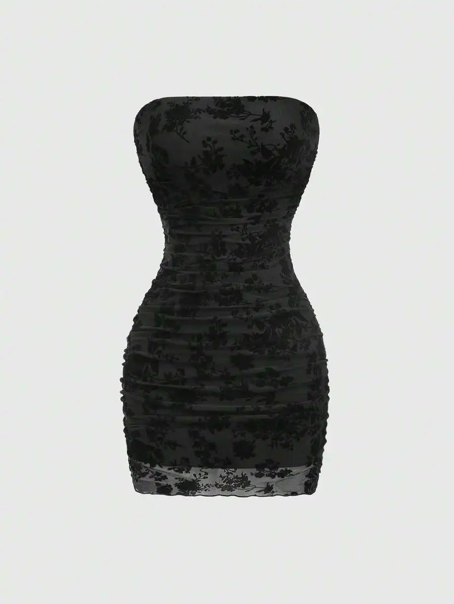 Black Velvet Floral Print Strapless Ruched Mini Dress for Women