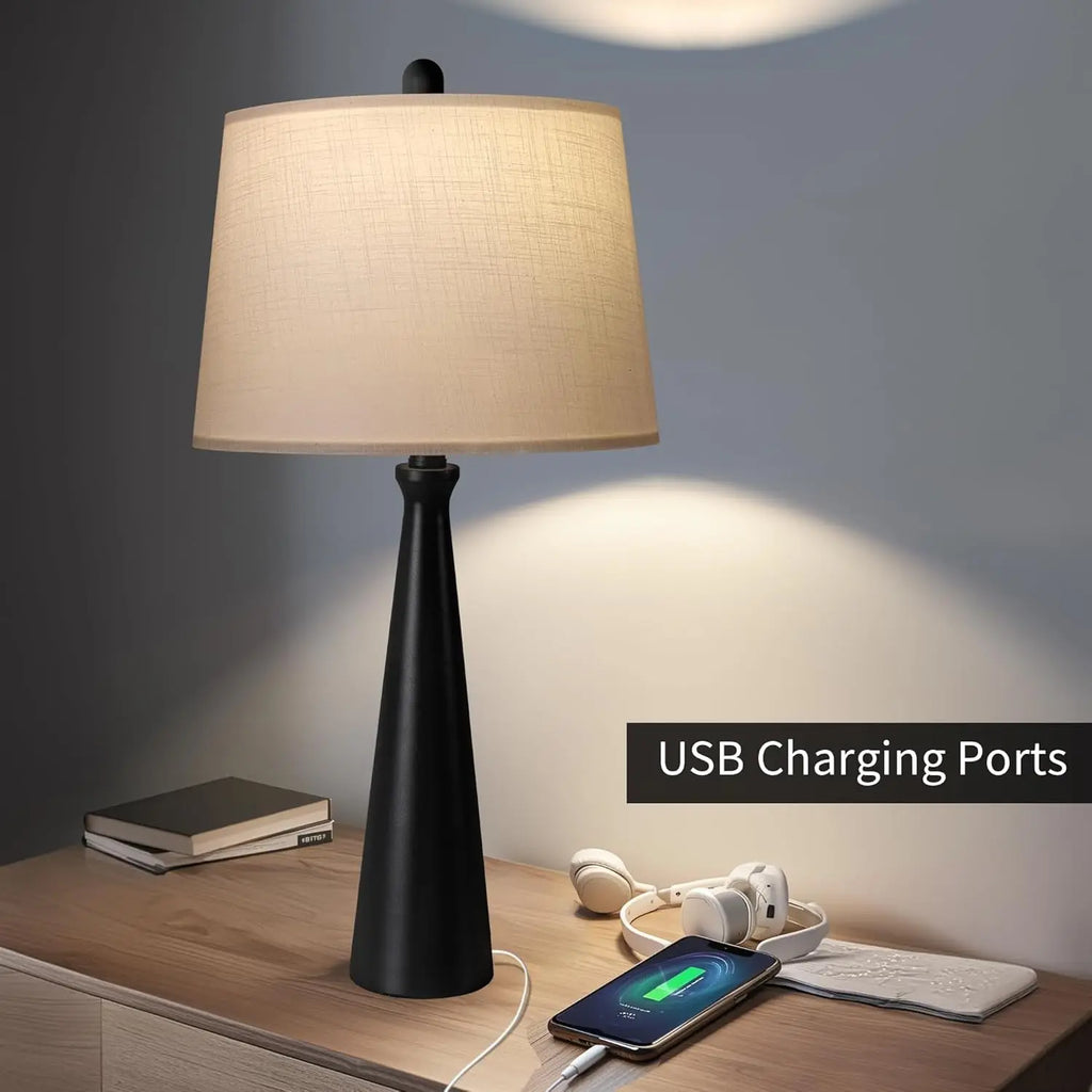 Set of 2 Modern Black Table Lamps with Dimmable Touch Control, USB Charging Port for Living Room Bedroom