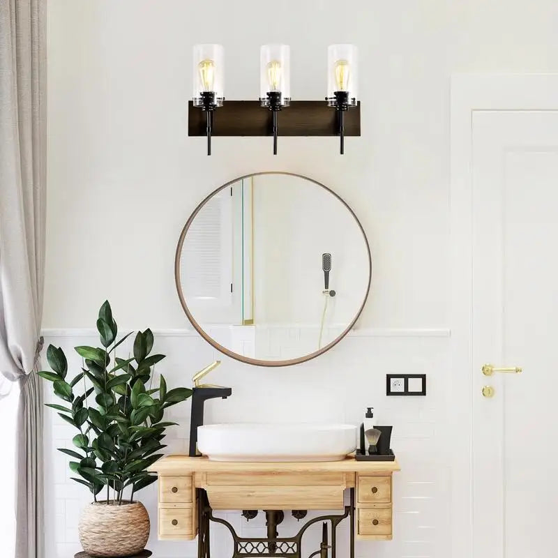 3-Light Matte Black and Wood Vanity Light Fixture, Modern Bathroom Lighting with Glass Shade for Mirror, Kitchen, Dining Room,