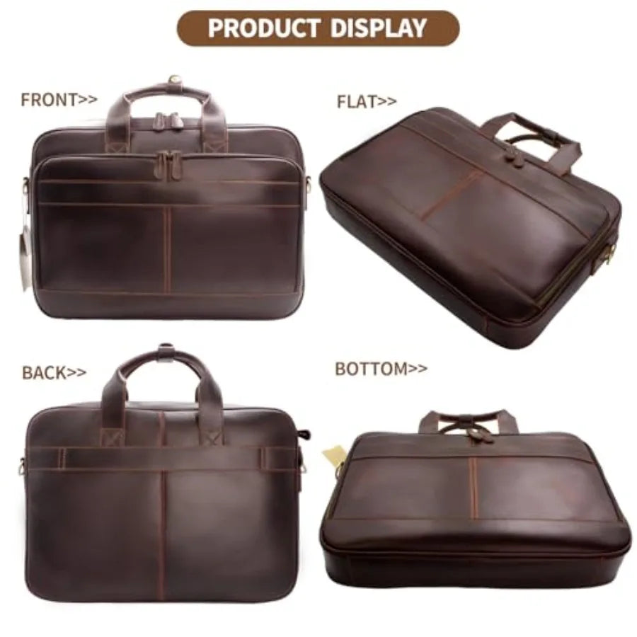Full Grain Leather Briefcase for Men Business Messenger Bag Laptop Case Fits 15.6 Inch Laptop Brown Premium Quality Durable Des