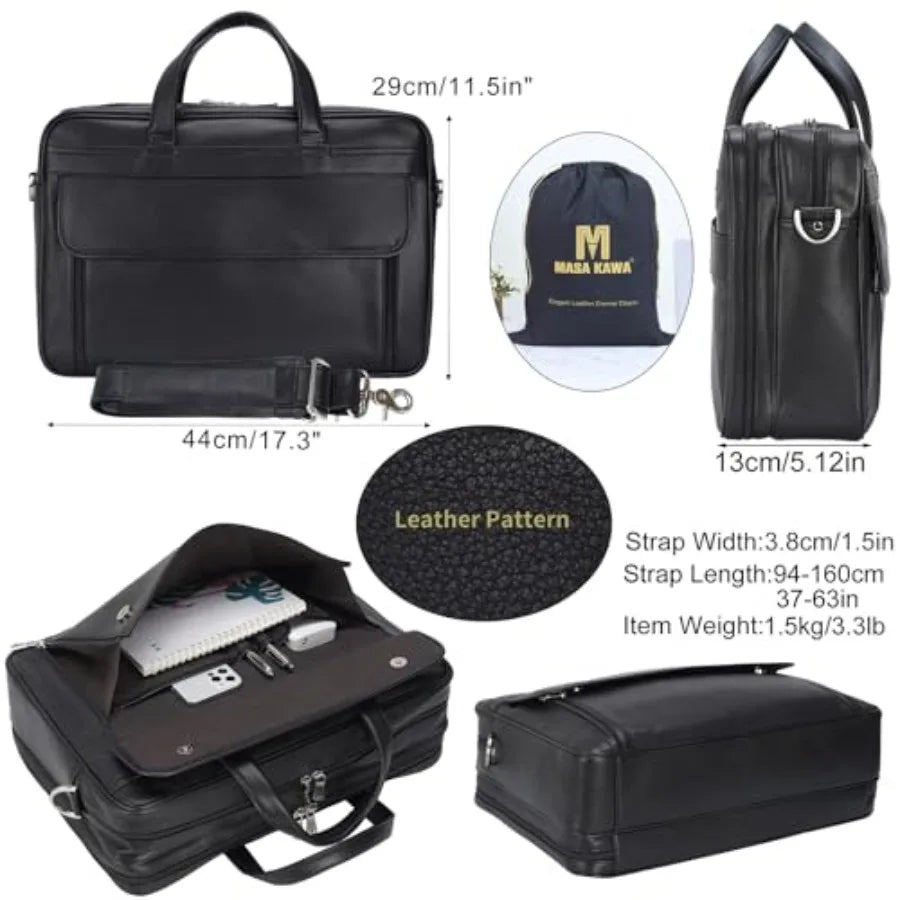 Masa Kawa Leather Briefcase for Men 15.6 17 Laptop Computer Case Business Travel Work Messenger Cross Body Shoulder Bag