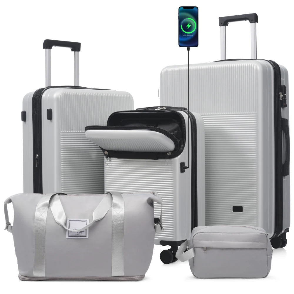 Lightweight 5PCS Hardside Luggage Set Half Opening Carry-on Suitcase Double Spinner Wheels USB TSA Lock Travel