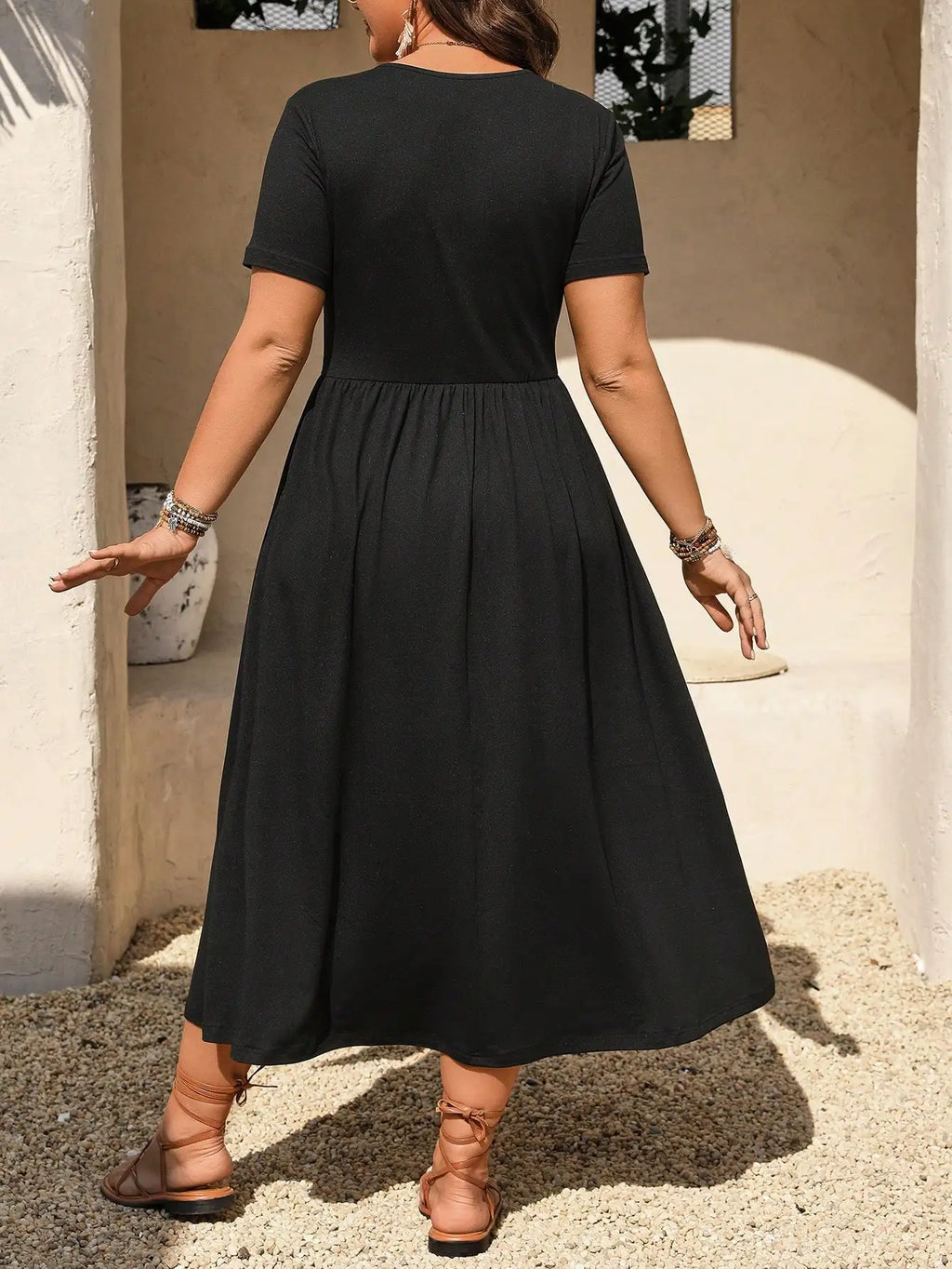 Black V-Neck Ruched Short Sleeve A-Line Midi Dress for Women
