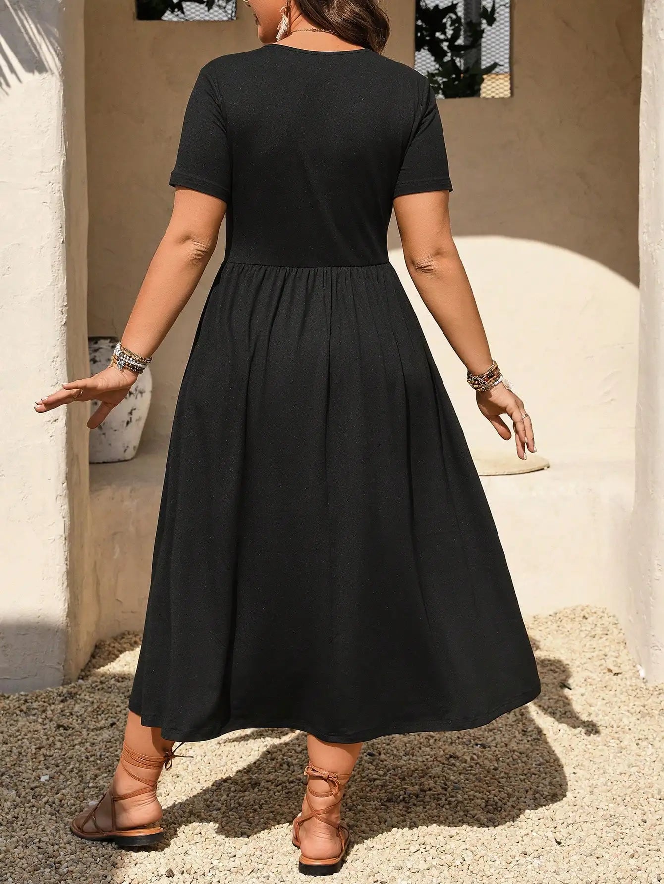 Black V-Neck Ruched Short Sleeve A-Line Midi Dress for Women