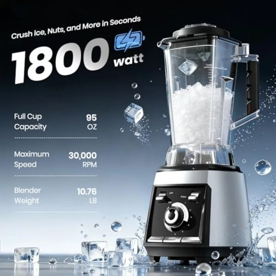Kitchen 1800W Smoothie Blender with Stainless Steel Blades 68-oz Pitcher Ice Crushing Frozen Fruit BPA Free Silver