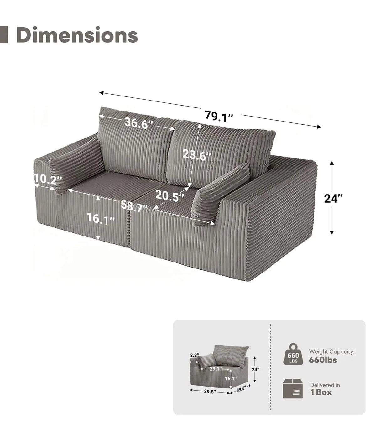 Modular Sectional Cloud Sofa Comfy Boneless Angled Armrest Wide Deep Seat Living Room Grey High Density Oversized, Customized