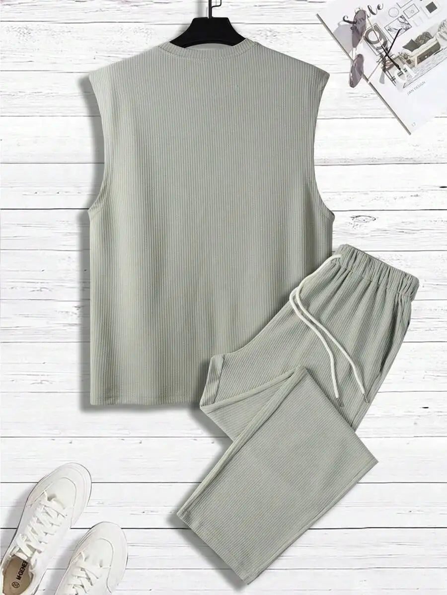 Men's Ribbed Sleeveless Top and Wide-Leg Drawstring Pants Set