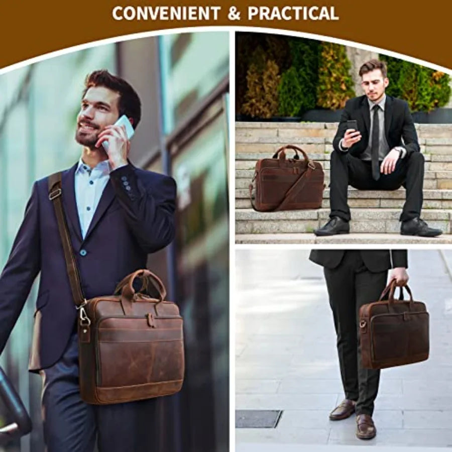 Full Grain Leather Briefcase for Men Business Messenger Bag Laptop Case Fits 15.6 Inch Laptop Brown Premium Quality Durable Des