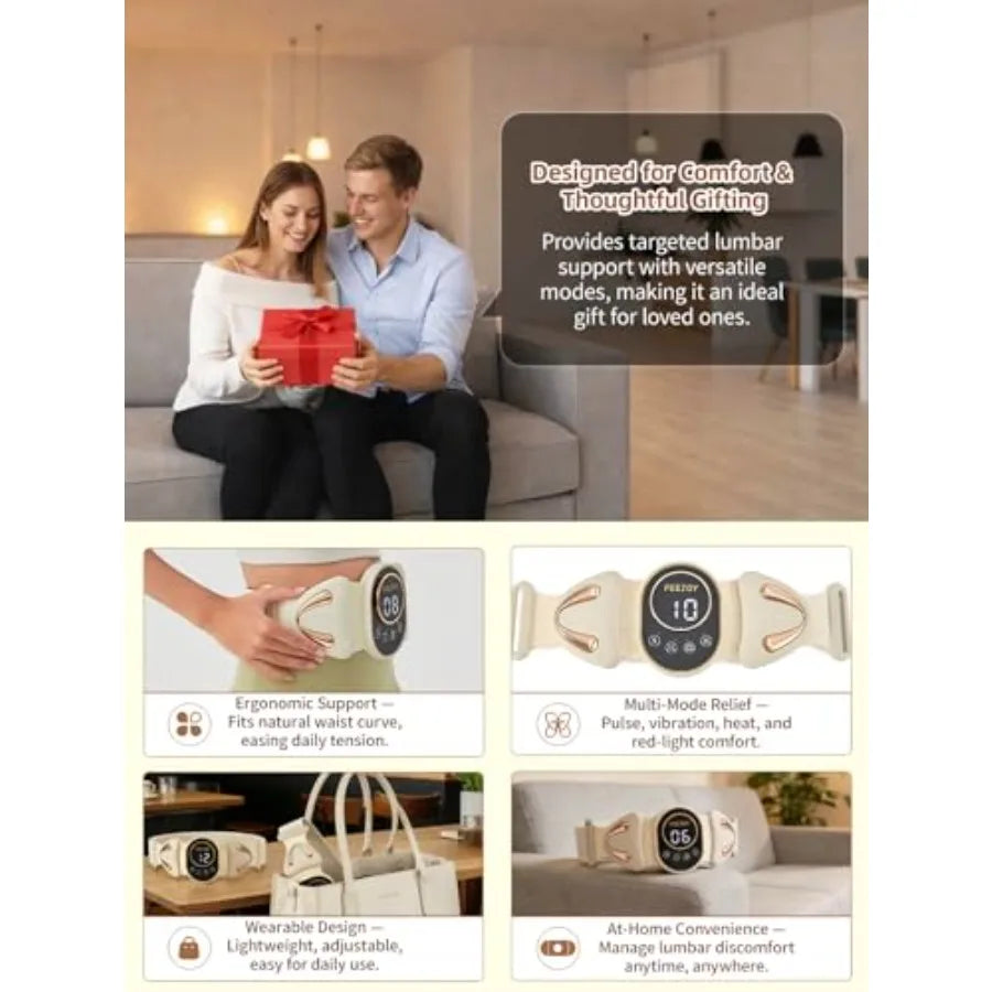 4-in-1 Smart Lower Back Massager with Heat Pulse Vibration Light Wearable Waist Lumbar Sciatica Pain Relief Device for Long Sit