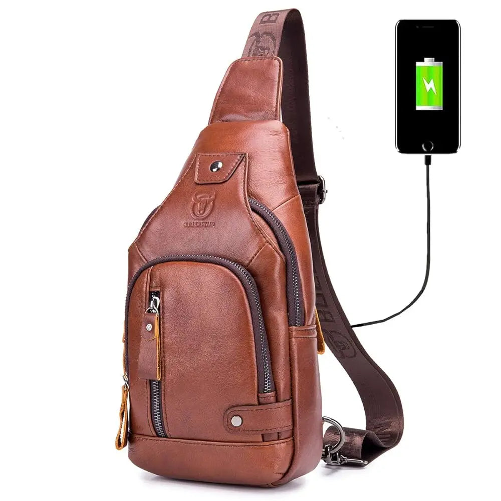Genuine Leather Sling Bag with USB Charging Port Multi-pocket Chest Bag for Men Hiking Travel Daypack XB-129