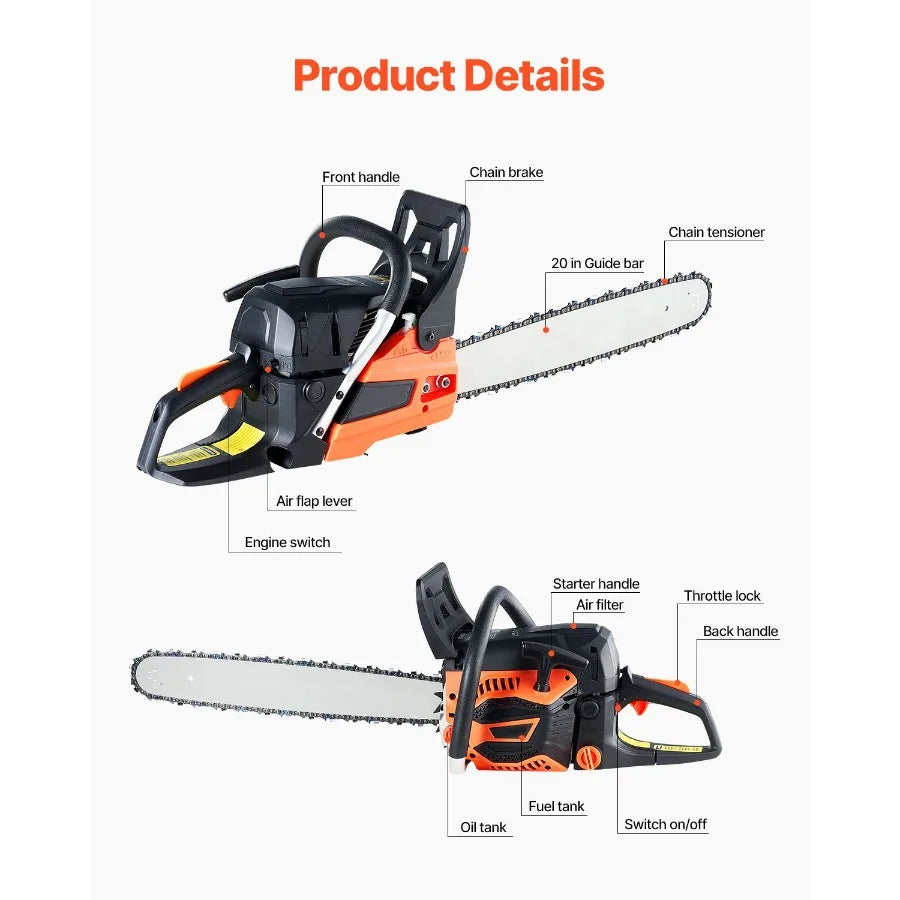 Gas Chainsaw 58CC 20 3.22HP Gasoline Powered Handheld Cordless Petrol Chainsaw for Tree Wood Branch Cutting Tree Trimming Land