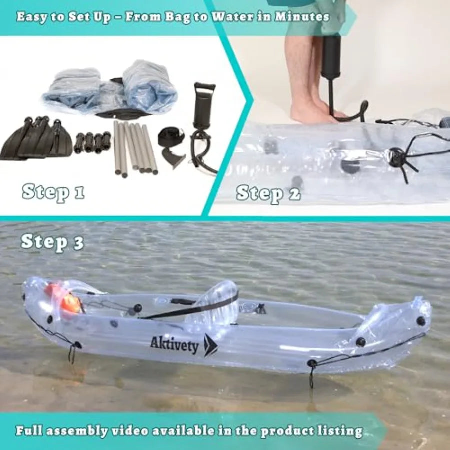 Clear Kayak Transparent 2-Seater Inflatable Tandem for Two Adults See-Through Style Complete Set with Adjustable Seats Pump Pad