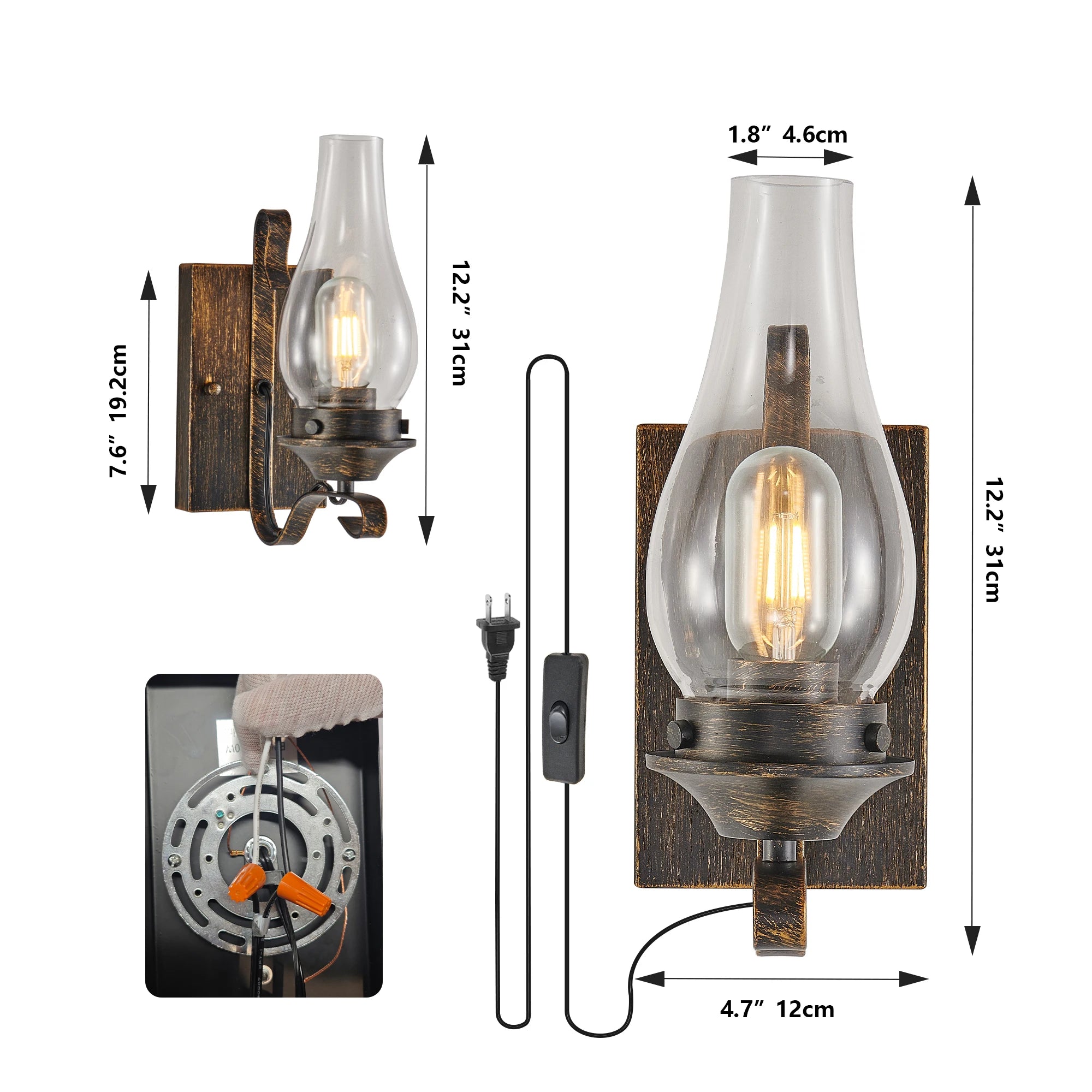 2PCS Vintage Industrial Wall Sconces Black Gold Finish Clear Glass Shade  E26 Base for Bedroom Living Room Hallway No Bulbs