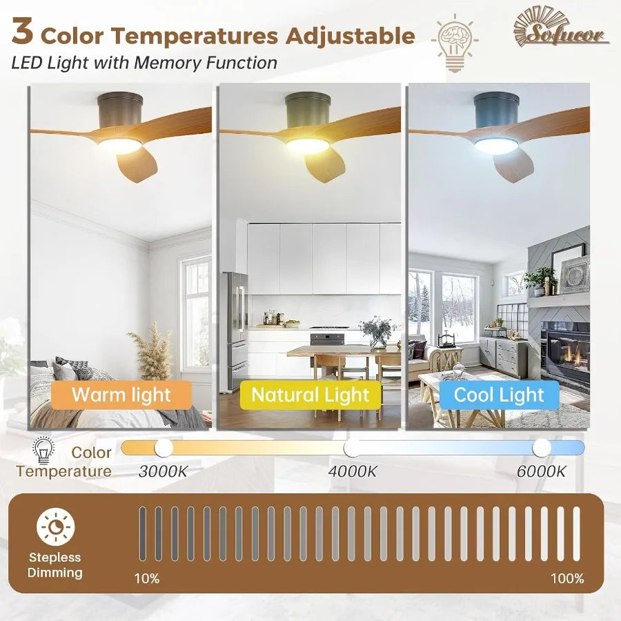 52 Inch Low Profile Ceiling Fans with Lights Modern Flush Mount Ceiling Fan with 3 ABS Blades 6500CFM Dimmable 6Speed 3Timer Re