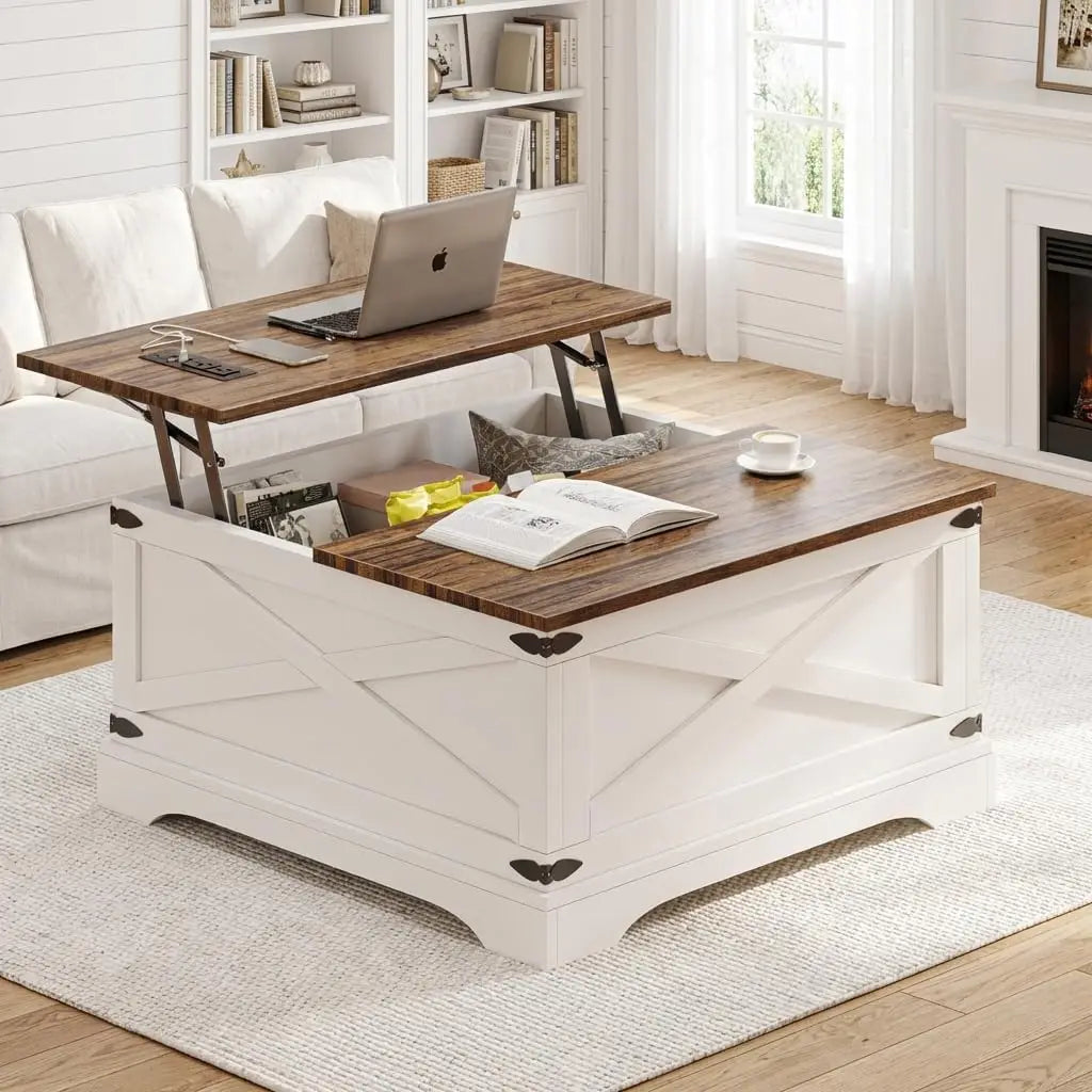 Lift Top Coffee Table with Storage, Square Coffee Table for Living Room with Charging Ports, Farmhouse Dining Table