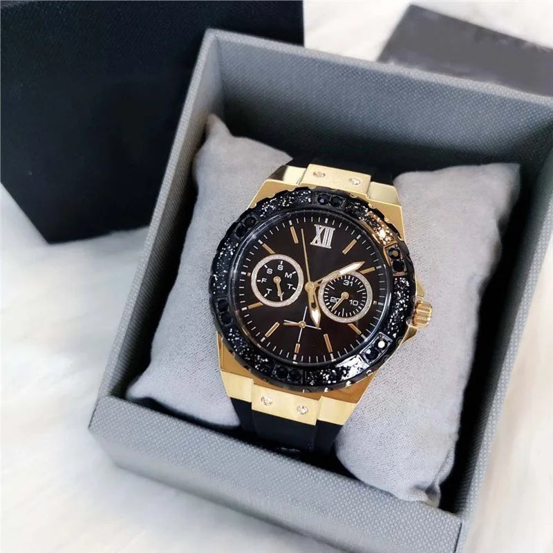 Luxury Quartz Watch Set Stainless Steel Case Silicone Strap Chronograph Diamond Dial Waterproof Couple Wristwatch Women