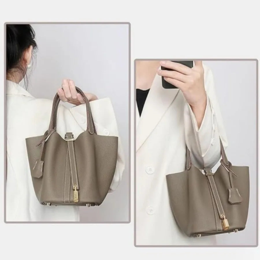 Genuine Leather Bucket Bag for Women: Lock Design Shoulder Handbag Versatile Top-Handle Tote Fashionable Vegetable Basket