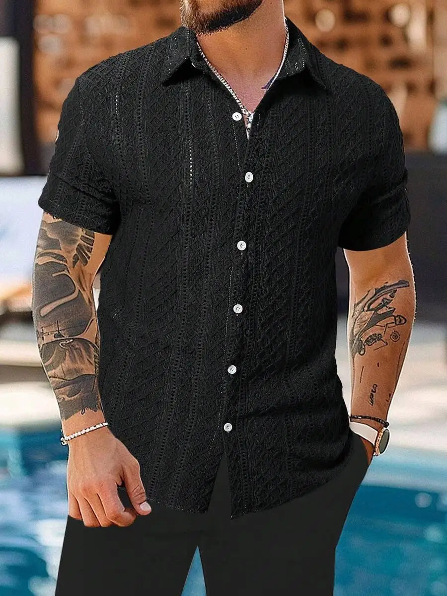 Men's Casual Short Sleeve Shirt with Textured Diamond Pattern, Lightweight Breathable Fabric for Summer Vacation