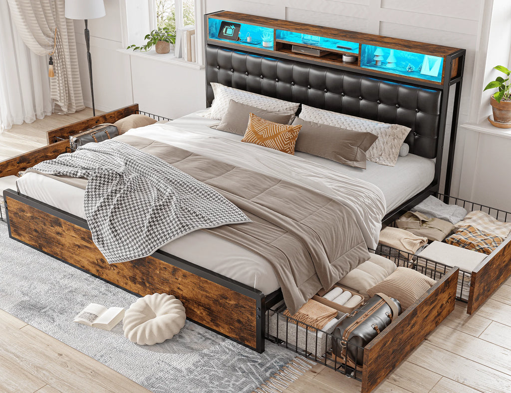 Upholstered LED Bed Frame with 4 Storage Drawers & Charging Station Platform Bed Frame with Storage Headboard No Noise
