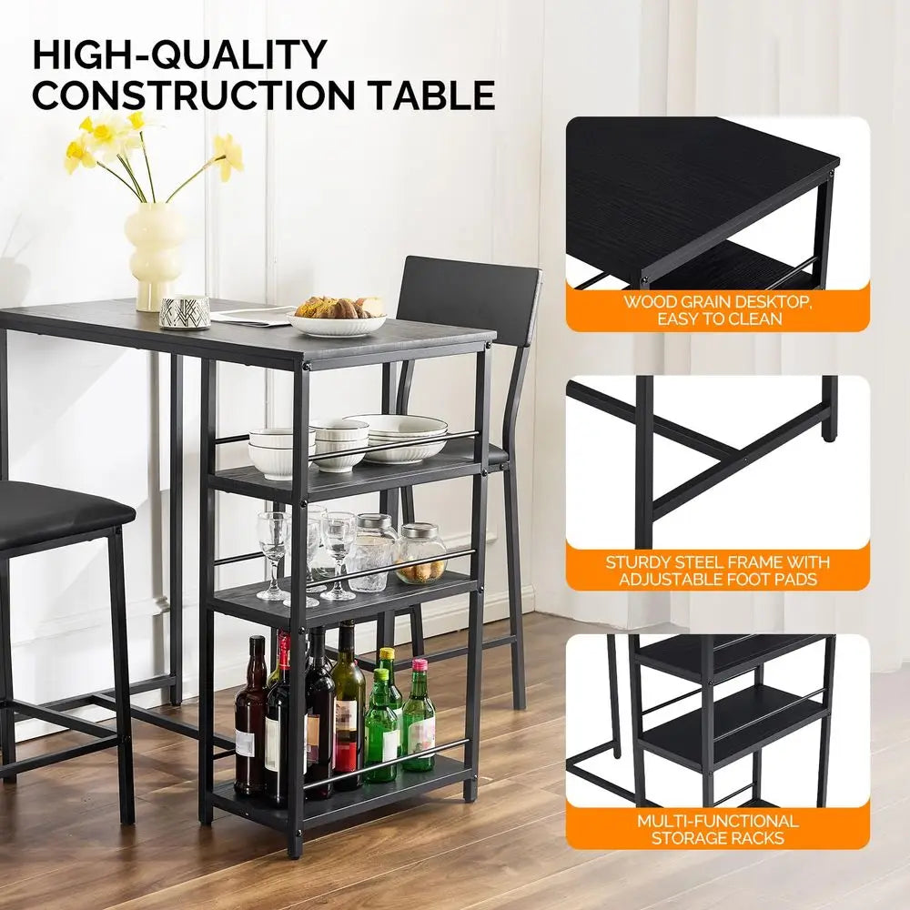 Dining Table Set for 2, Kitchen Breakfast Counter Height Small 3 Piece Bar Table and Chairs Set with Storage, Black