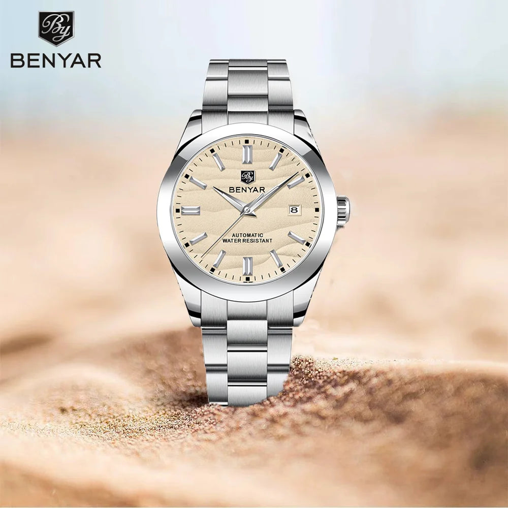 Benyar Men's Luxury Sand Particle Mechanical Watch 40mm Particle Size 316L Stainless Steel 5Bar Waterproof Automatic Watch