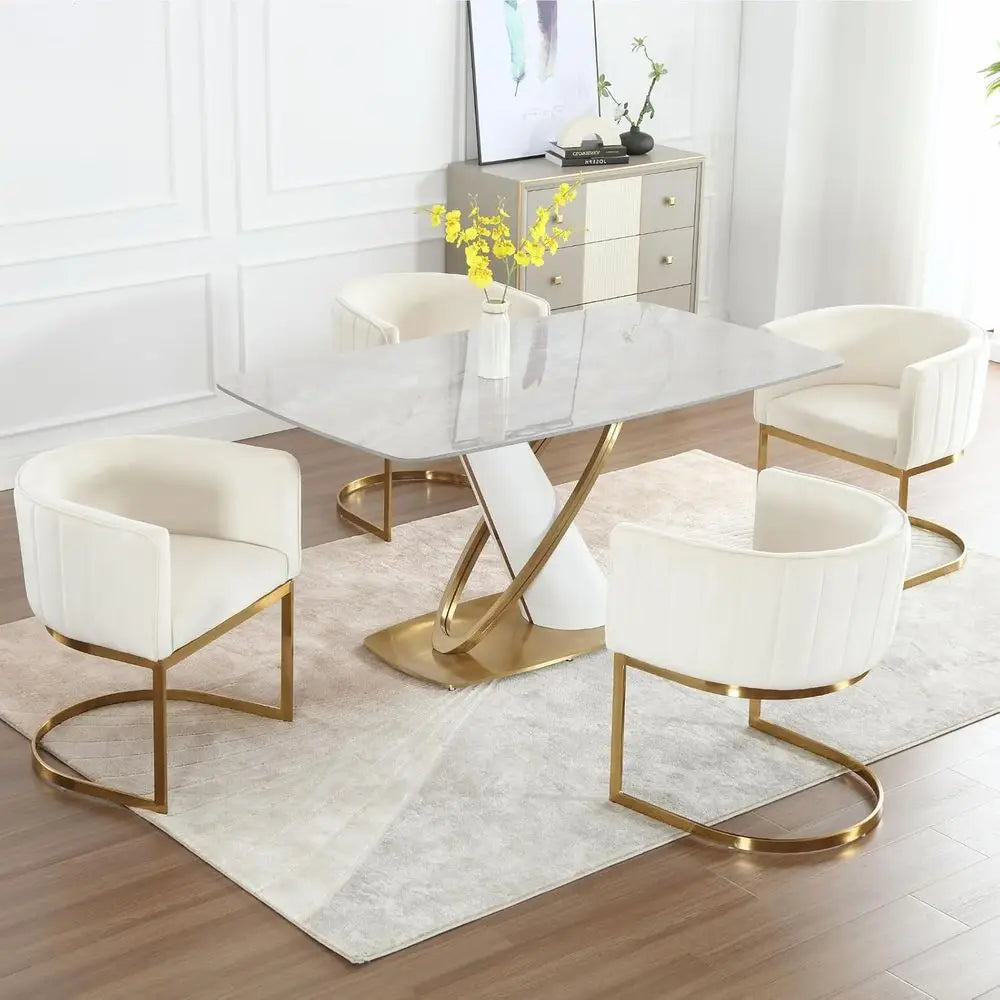 Pair of Velvet Dining Chairs, Gold Metal Legs, Cream White Upholstery for Kitchen or Dining Area