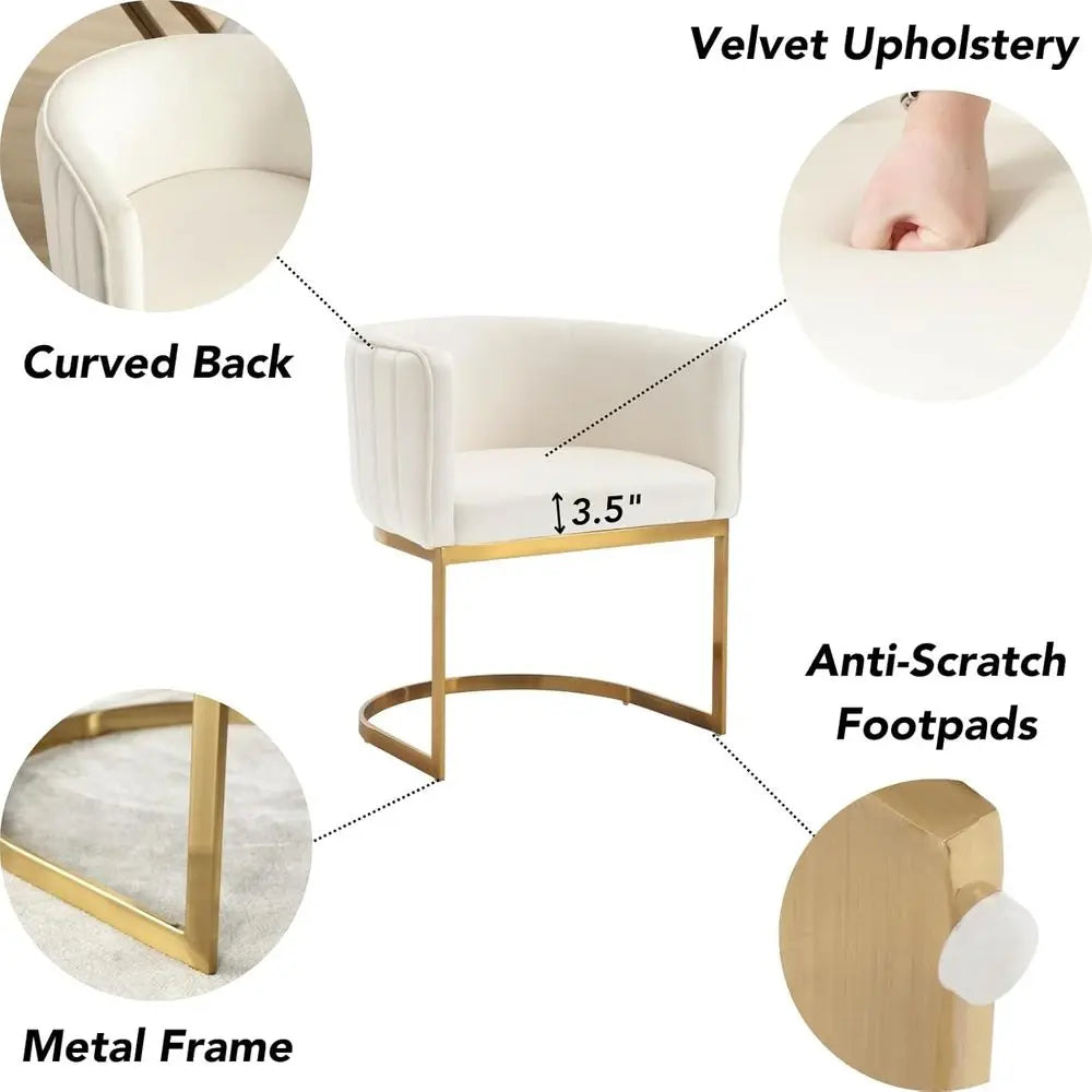 Pair of Velvet Dining Chairs, Gold Metal Legs, Cream White Upholstery for Kitchen or Dining Area