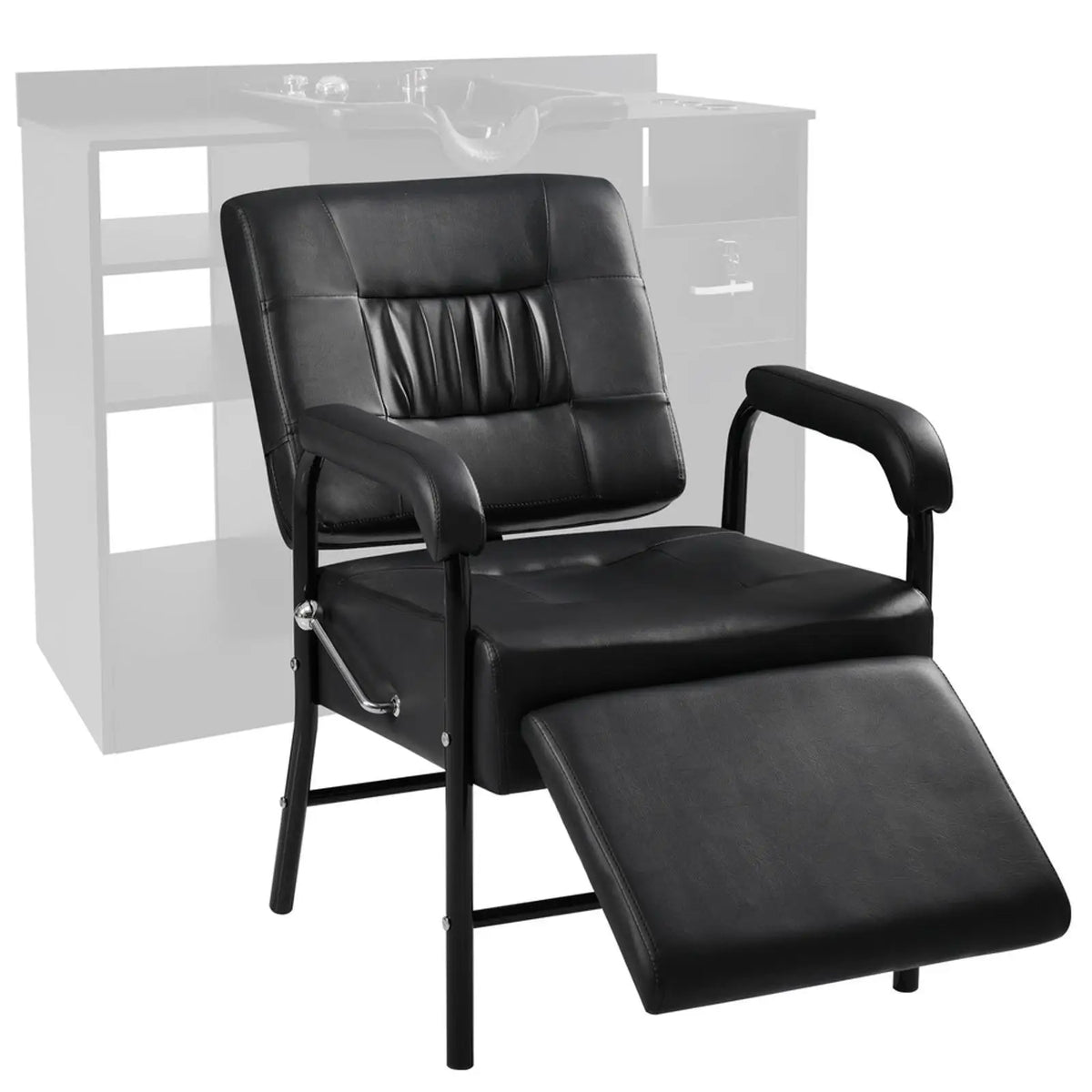Adjustable Reclining Shampoo Chair with Footrest Black PU Leather Salon Equipment for Hair Salon Use