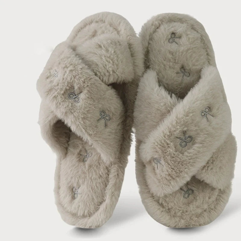 Bowknot Embroidery Plush Slippers Women Fashion Cross Strap Indoor Cotton Slides Woman Flat Heel Home Furry Slippers Mujer