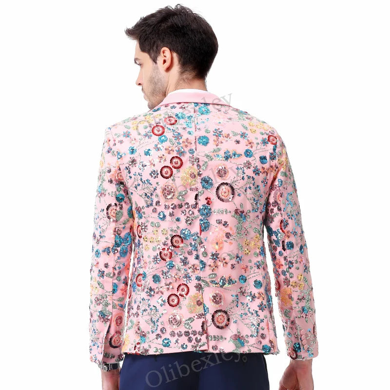Customized Sequined Men's 2 piece suit High Quality One button Slim Fit Pink Tuxedos Suitable Weddings Groom Business Dinner