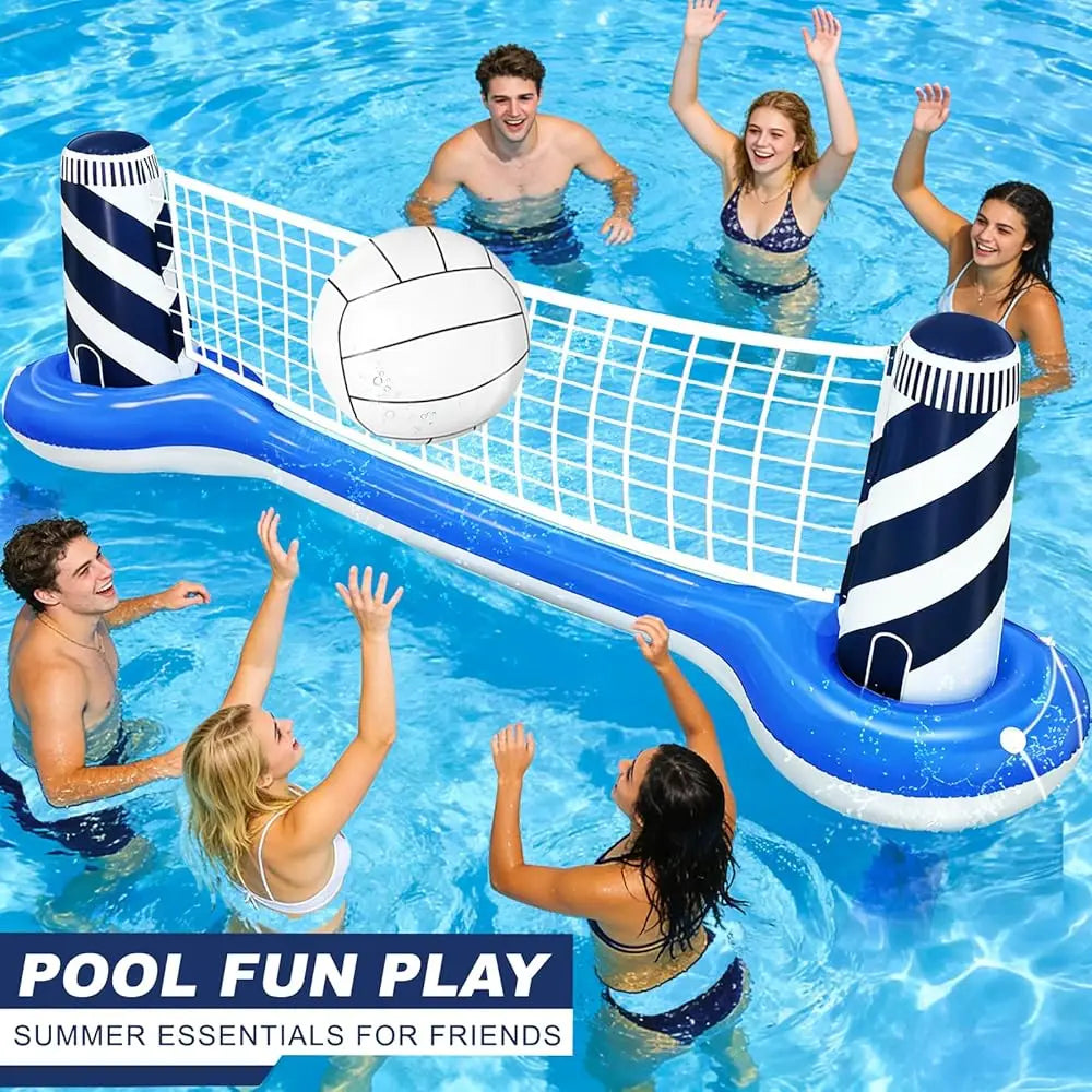 Inflatable Pool Games Volleyball Net Pool Float Set with 19\ Beach Ball, Lighthouse Design – Floating Swimming Water Sports T