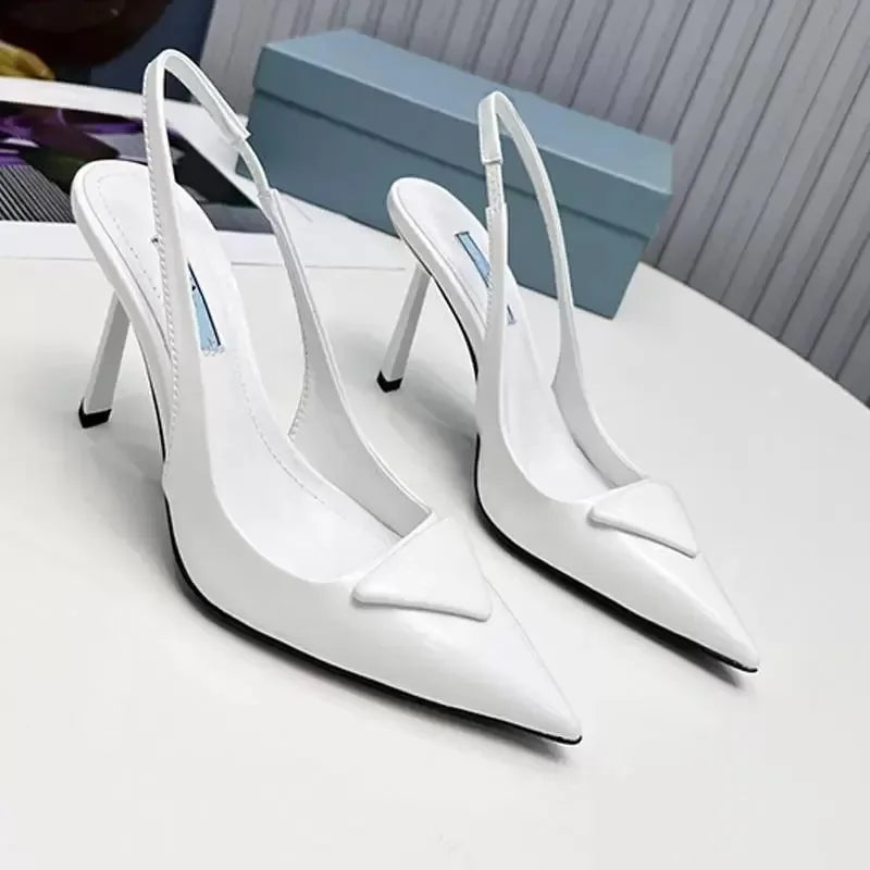 kitten Slingback Women Designer High Heels Dress Shoes Designer Pumps Black Leather Pointed Toe Sandals Slingbacks Pump White He