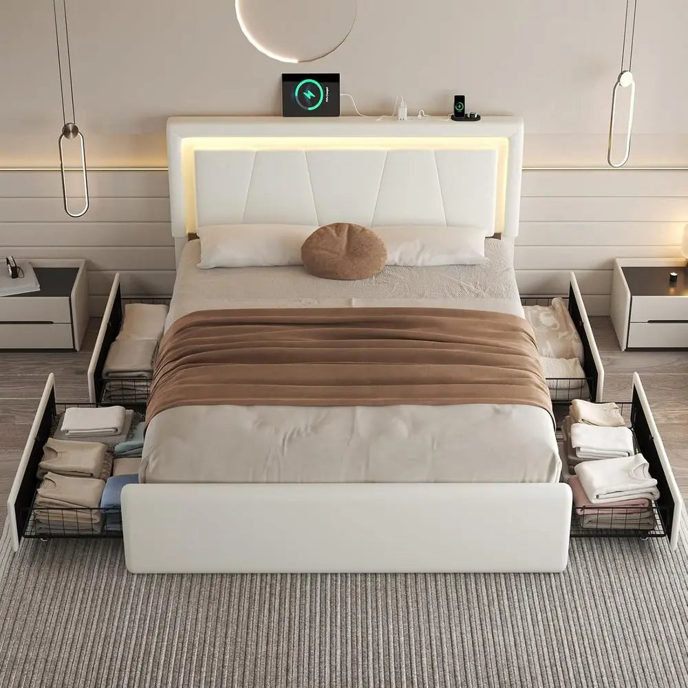 King Size Bed with 4 Storage Drawers, Charging Station, LED Light, Adjustable Headboard, Noise-Free, No Box Spring Needed, Easy