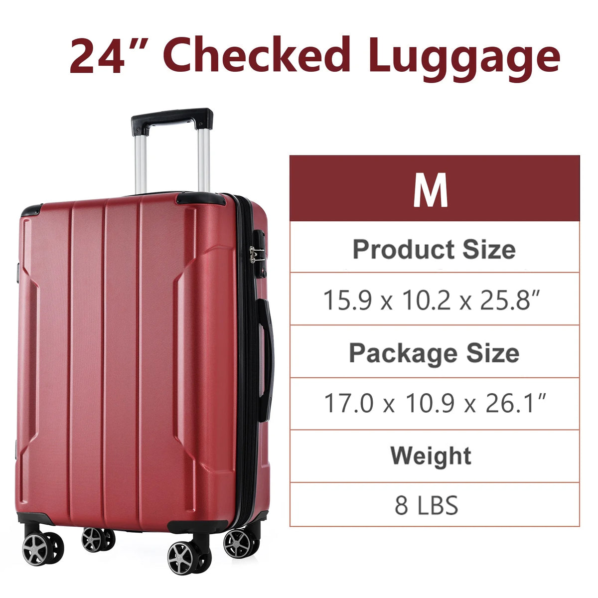 24Inch Rolling Luggage, Lightweight Durable ABS Suitcase with 360° Spinner Wheel, TSA Lock, Airline-Approved Travel Carry On