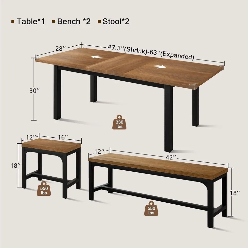 5 Pieces Dining Room Table Set or 4-6, 63" Exble Kitchen Table Set with 2 Benches & 2 Stools, Small Dining Table Set with Metal
