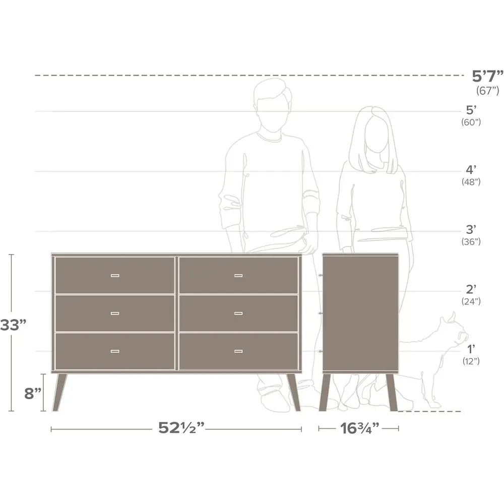6 Drawer Double Dresser with Wide Chest, Contemporary Bedroom Furniture, Cherry Finish