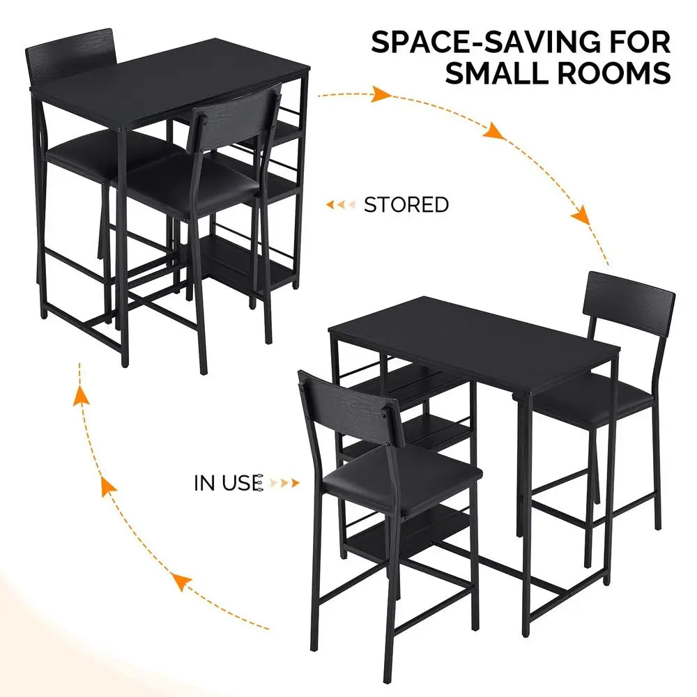 Dining Table Set for 2, Kitchen Breakfast Counter Height Small 3 Piece Bar Table and Chairs Set with Storage, Black