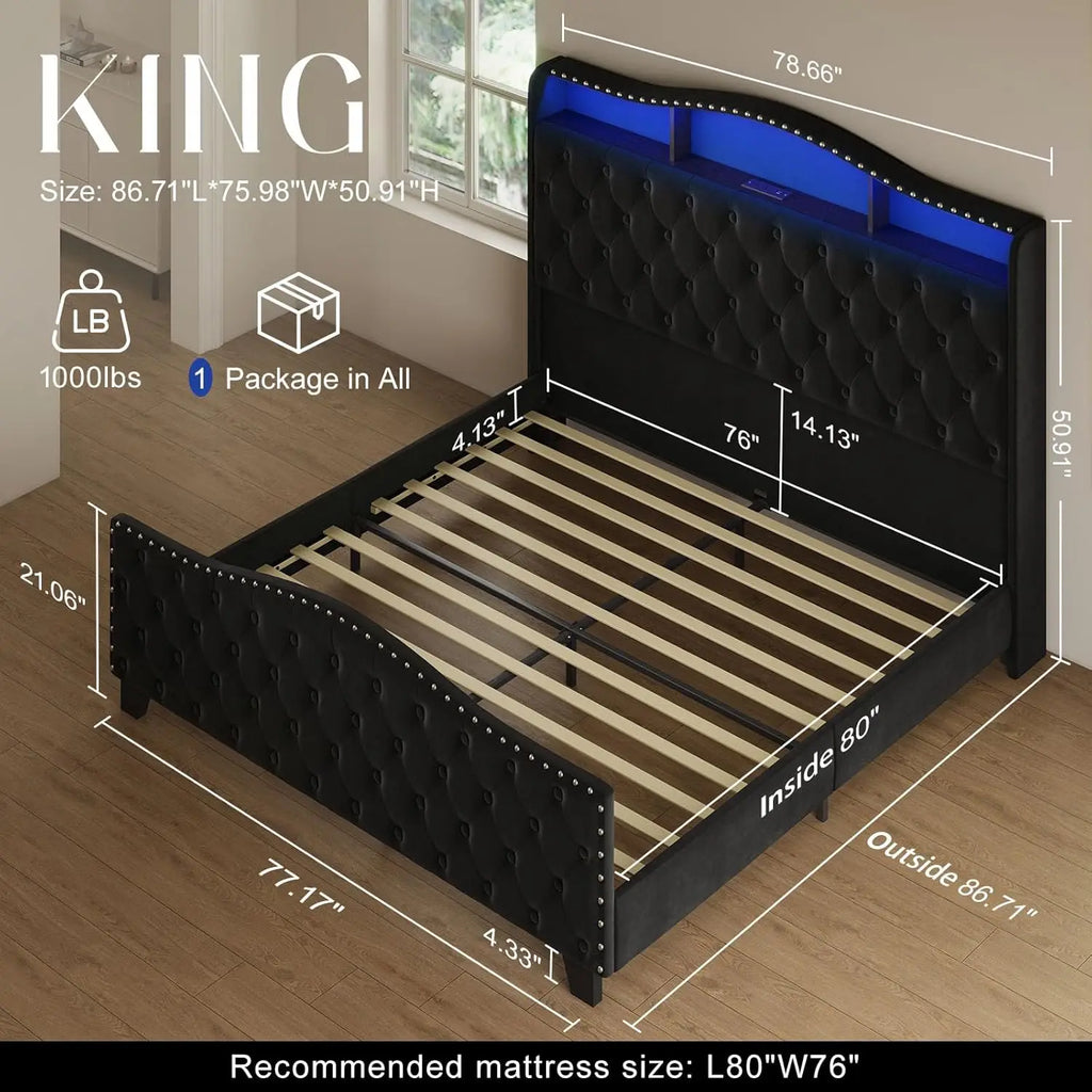 King Size Bed Frame and Headboard, 50.9" Velvet Upholstered Wingback Bedframe with LED Lights & Storage/Charging, Customized