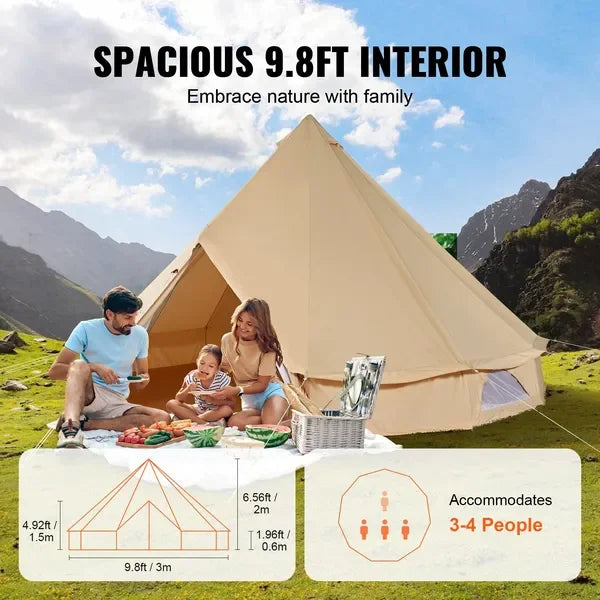 4 Season Canvas Yurt Tent 3m/9.8ft Outdoor Glamping Camping Shelter with Stove Jack Breathable Large Space